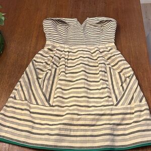 Maeve Cream and Gray Striped Strapless Cotton Sundress